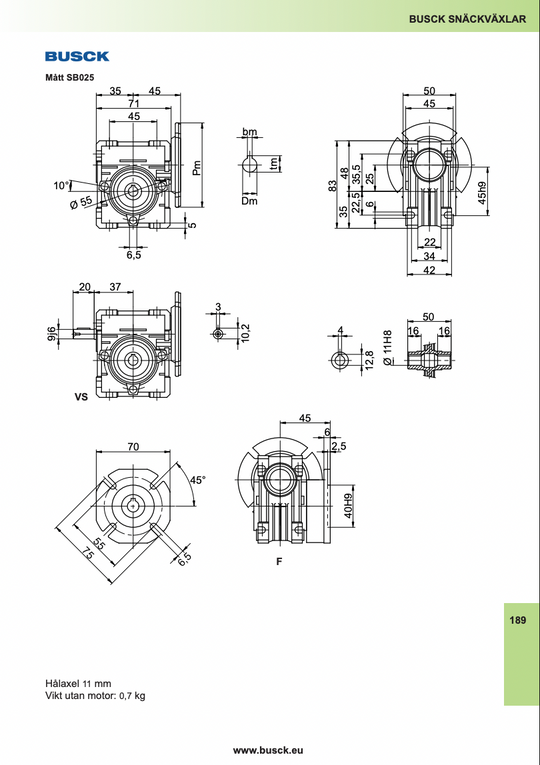 Snekkegear SB025 udveksling 20:1. Motorflange 56B14. Udgangsside hulaksel 11mm