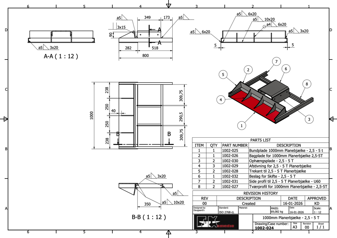 Planerbjælke 1000mm 2,5-5,0T