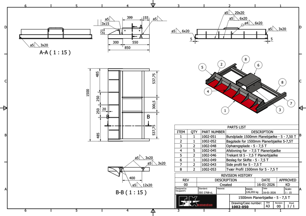 Planerbjælke 1500mm 5,0-7,5T