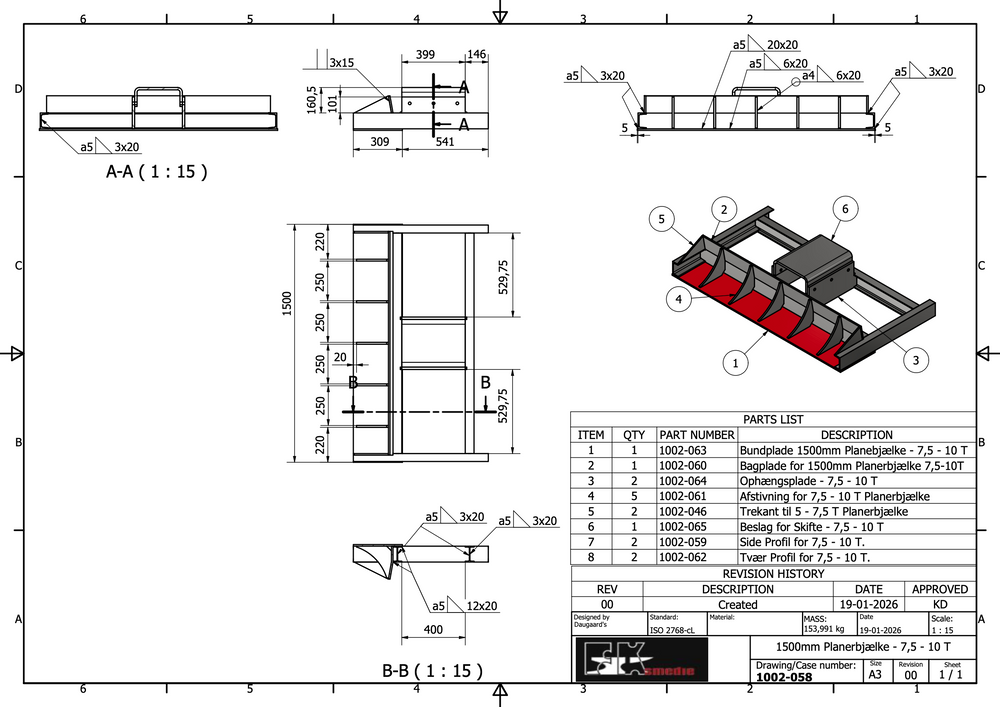 Planerbjælke 1500mm 7,5-10,0T
