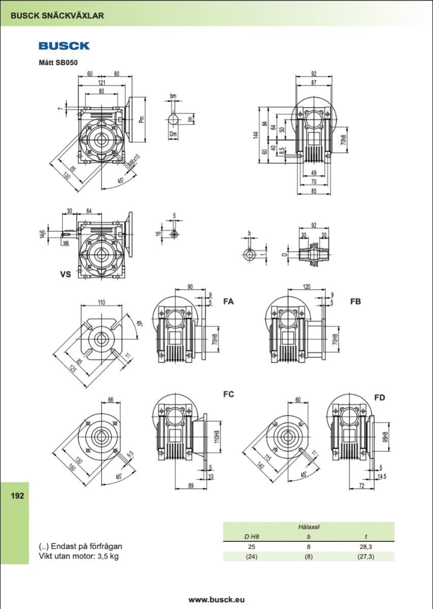 Snekkegear SB050 udveksling 100:1. Motorflange 63B5. Udgangsside hulaksel 25 mm